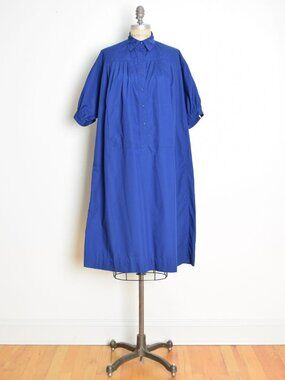 vintage 70s babydoll dress navy blue cotton smock oversized trapeze tent